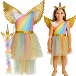 Disfraz infantil de unicornio KRUZZEL de 3 piezas (vestido, alas, diadema)