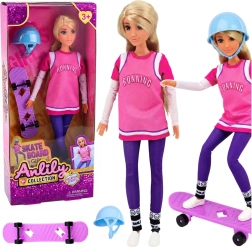 Anlily skateboardista – muñeca con monopatín morado y casco 30 cm