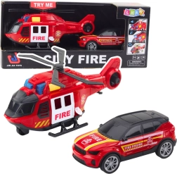 Set de bomberos: helicóptero y coche con luces y sonidos