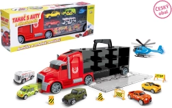 Camión remolque con cochecitos y helicóptero 42 cm