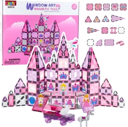Bloques de construcción magnéticos con ventanitas tipo vitrales para colorear, rosa, 126 piezas