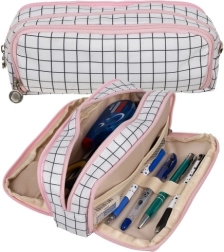Estuche grande de tres compartimentos con diseño de cuadros