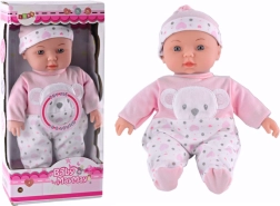 Muñeca bebé con pijama rosa con animalito, gorrito y sonidos