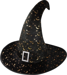 Sombrero de bruja para adultos con estrellas y luna doradas
