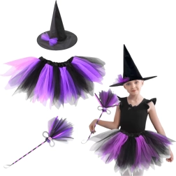 Disfraz infantil de bruja con sombrero, falda tutú y varita – morado‑negro