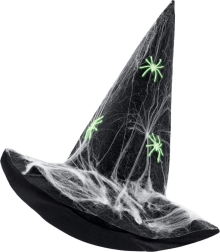 Sombrero de bruja con telaraña y arañas luminosas