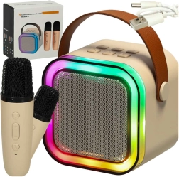 Set de karaoke con altavoz Bluetooth, 2 micrófonos e iluminación LED 6 W – beige