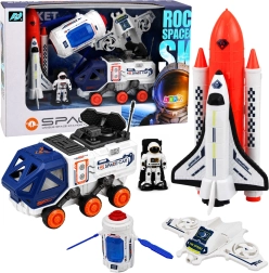 Set espacial con cohete, transbordador, satélite, dron, astronauta y vehículo