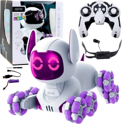 Perrito robótico interactivo TOOBY con control remoto 4WD, 360°, LED y sonidos – blanco‑morado