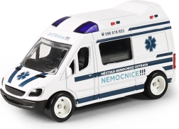 Ambulancia metálica del Hospital Municipal de Ostrava en una caja de plástico