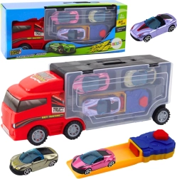 Camión rojo con garaje móvil y lanzador + 3 cochecitos