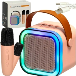 Set de karaoke con altavoz Bluetooth, 2 micrófonos inalámbricos y iluminación LED de 6 W – rosa