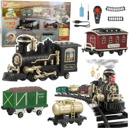 Circuito de tren eléctrico con humo, luces y sonidos, RC, 206 cm, 24 piezas