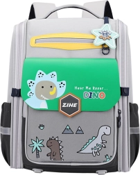 Mochila escolar con motivo de dinosaurios con correa de pecho gris verdosa 21L