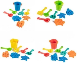 Juego de arena con cubo, herramientas y moldes