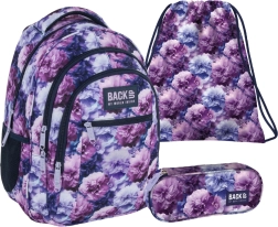 Set escolar BackUP Violet Flowers 3 en 1: mochila, estuche y bolsa