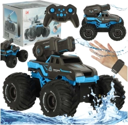 Coche RC anfibio con cañón de agua, resistente al agua, control por gestos y 2 mandos – azul