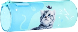 Estuche cilíndrico azul con gatito