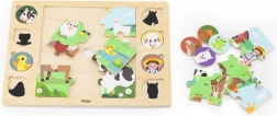 Puzzle de madera sobre tablero Viga: relaciona las sombras, granja