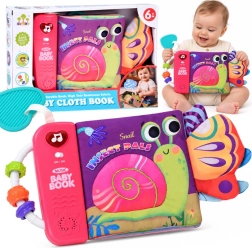 Libro de tela sensorial interactivo para bebés – caracol e insectos con melodías, lucecita, espejo y mordedor