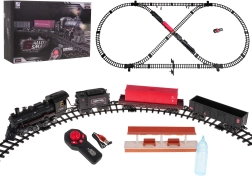 Tren retro con control remoto, humo, 2,4 GHz, luces y sonidos, juego con vías y estación