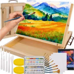 Set de pintura Maaleo en maletín de madera con caballete de mesa, 45 piezas