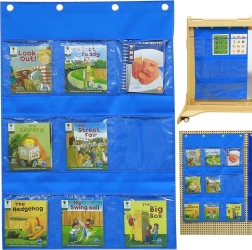 Masterkidz organizador textil de pared con bolsillos para libros e imágenes azul