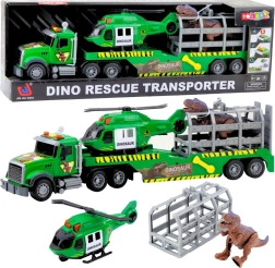 Camión de rescate con helicóptero y jaula para dinosaurio, verde