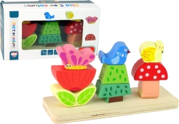 Rompecabezas de madera: flor, mariposa y pájaro