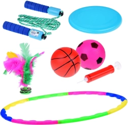 Set deportivo 5 en 1 para niños: hula hoop, frisbee, comba, pelotas y volante con plumas