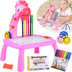 Proyector infantil jirafa con mesa de dibujo y 12 rotuladores – Rosa