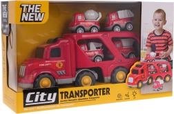 Set de vehículos de bomberos con camión: transportador y 4 cochecitos con luces y sonidos