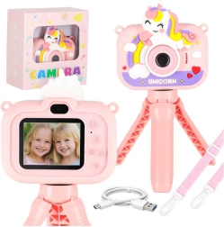 Cámara digital infantil con trípode – unicornio, rosa