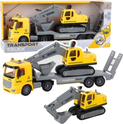 Camión con plataforma desmontable y excavadora de orugas con luces y sonidos – amarillo