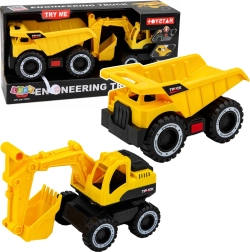 Set de vehículos de construcción: excavadora y camión volquete con luces y sonidos, amarillo