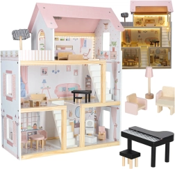 Casa de muñecas de madera con muebles e iluminación LED 78 cm rosa