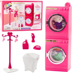 Lavandería rosa para muñecas: lavadora, secadora, perchero y cesta