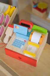Caja registradora infantil de madera para jugar a la tienda con escáner