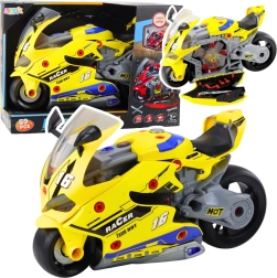 Motocicleta interactiva 2 en 1 con taller para desmontaje, luces, sonidos y efecto de humo – amarilla 43 cm