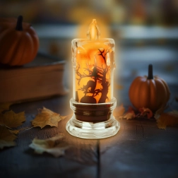 Vela LED de Halloween con murciélago y luz naranja