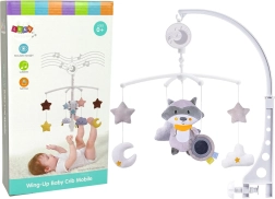 Móvil para cuna con mapache de peluche, gris, con melodía