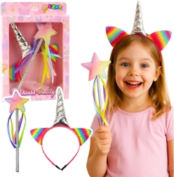 Set infantil de accesorios de unicornio – diadema con cuerno y varita mágica