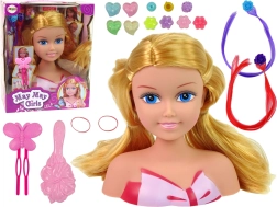 Cabeza de muñeca para peinar con cuentas, horquillas y mechones de colores