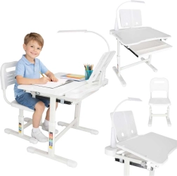 Escritorio infantil ajustable con silla y lámpara LED, blanco