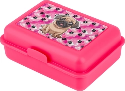 Caja de almuerzo rosa con ilustración de perro