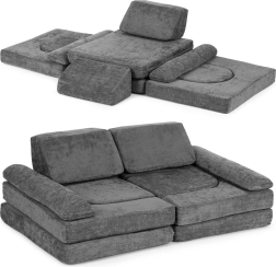 Sofá infantil modular plegable para 2 niños de 10 piezas de tela tapizada suave – gris ECOTOYS