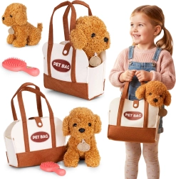 Perrito de peluche en bolsa con cepillo – caniche marrón para niños