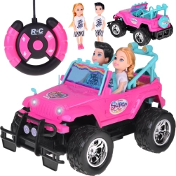 Coche todoterreno RC rosa para muñecas con 2 figuras