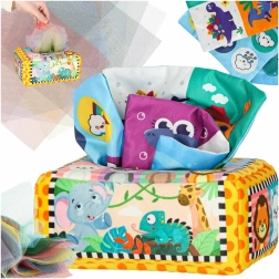 Caja sensorial Montessori con pañuelos de colores y animalitos