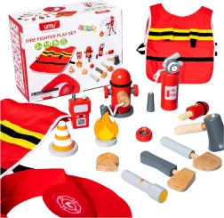 Set infantil de bombero con disfraz y accesorios de madera